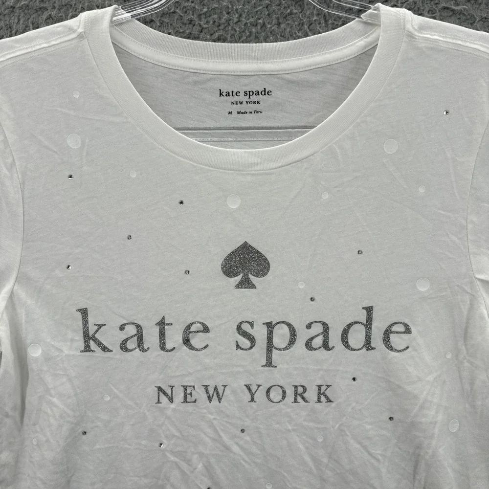 Kate Spade T-Shirt Women M White Glitter Logo Rhinestone Polka Dot Tee